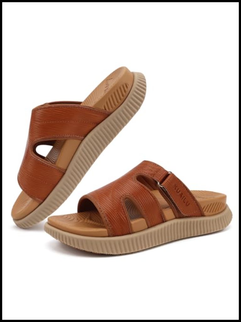 Faux Leather Orthopedic Slide Sandals With Arch Support, Slip On
